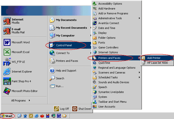 Click Start, Control Panel, Printers and Faxes, then click Add Printer