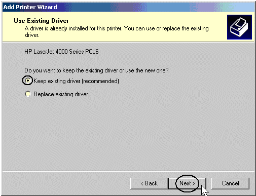 Select Keep Existing Driver, then click Next. 