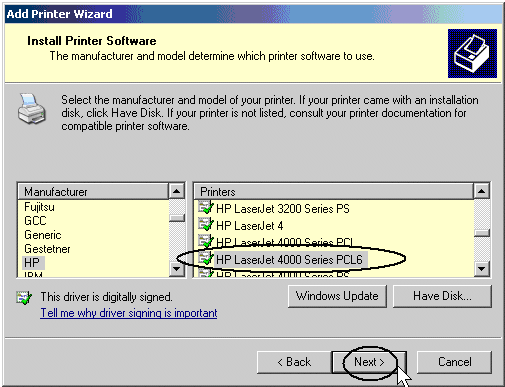 MS Windows will automatically detect your printer manufacturer and model.